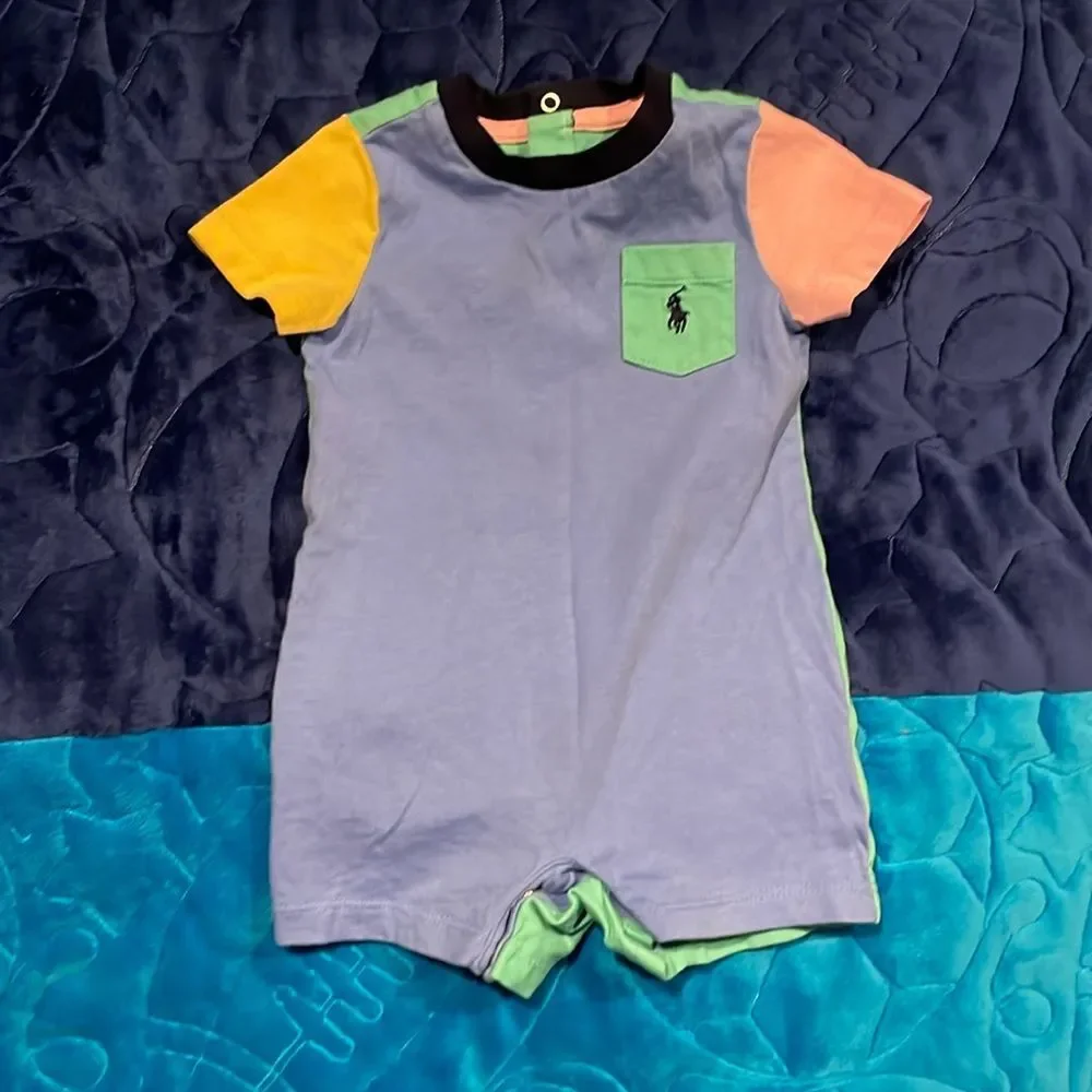 Ralph Lauren Colorblock Romper Sz 3 Months Blue Green